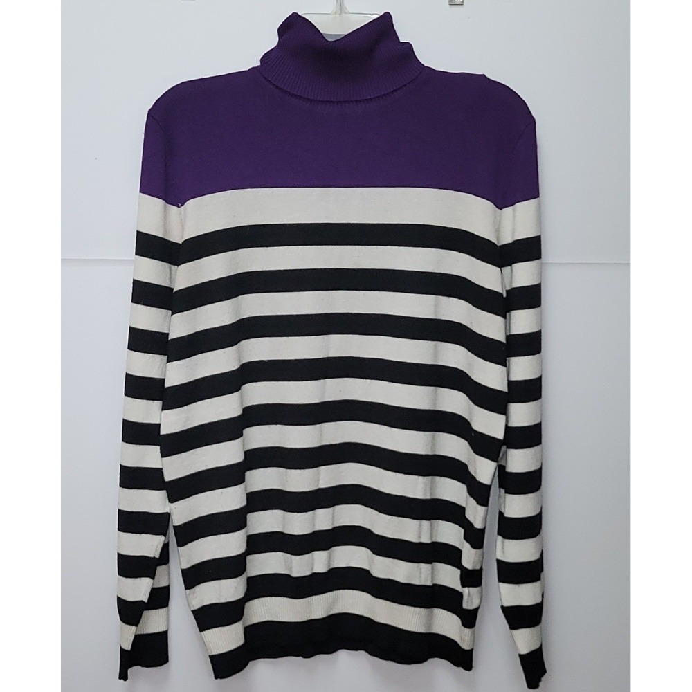 JOSEPH A Stripe Turtleneck Long Sleeve Sweater Purple/black/White XL Preppy Work